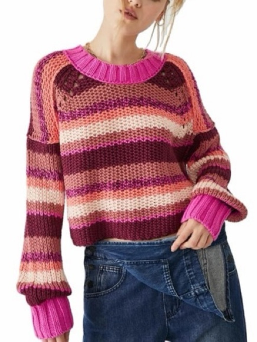 Free People Striped Fuschia Rose Combo Sweater Devon Size Small Knit
